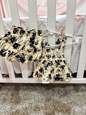 Girls Black Floral Cream Ruffle Skirt & Suspender Set